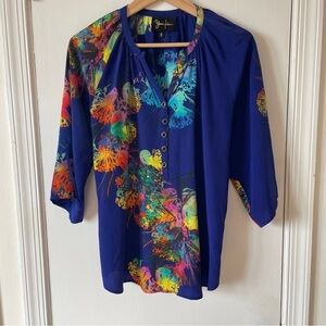 Yumi Kim Blue Silk Colorful button down collarless Henley blouse 3/4 sleeves S